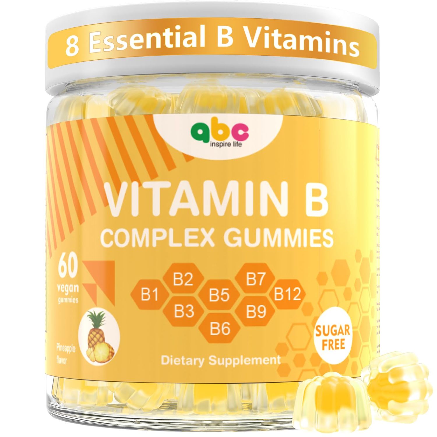 Vitamin B Complex Gummies for Adult Kid-Pineapple Flavor-Chewable Supplement with 8 Essential B Vitamins (B1, B2, B3, B5, B6, B7, B9, B12) Supports Energy, Metabolism Mood,Non GMO,Vegan 60 Count