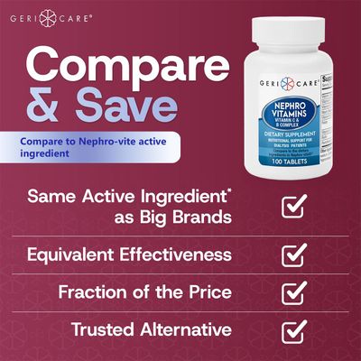GeriCare Nephro Vitamin C B Complex Tablets, 100 Count - Daily Kidney Health Energy Support, Immune System Boost, Antioxidant Protection Metabolism Support (Pack of 2)