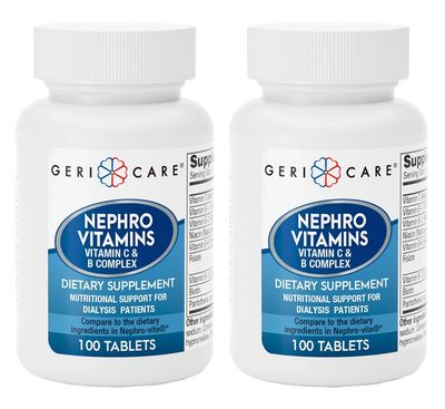 GeriCare Nephro Vitamin C B Complex Tablets, 100 Count - Daily Kidney Health Energy Support, Immune System Boost, Antioxidant Protection Metabolism Support (Pack of 2)