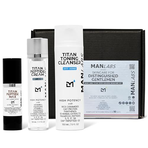 Man Labs Titan Anti-Aging Mens Skincare Kit - 2025 Golden Bundle Face Skin Care Set for Men with Ceramide Toning Cleanser, Peptide Max Serum, and Facial Cream with Peptides and Herbal Essences