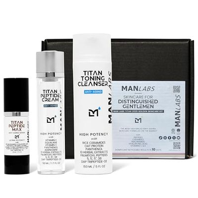 Man Labs Titan Anti-Aging Mens Skincare Kit - 2025 Golden Bundle Face Skin Care Set for Men with Ceramide Toning Cleanser, Peptide Max Serum, and Facial Cream with Peptides and Herbal Essences