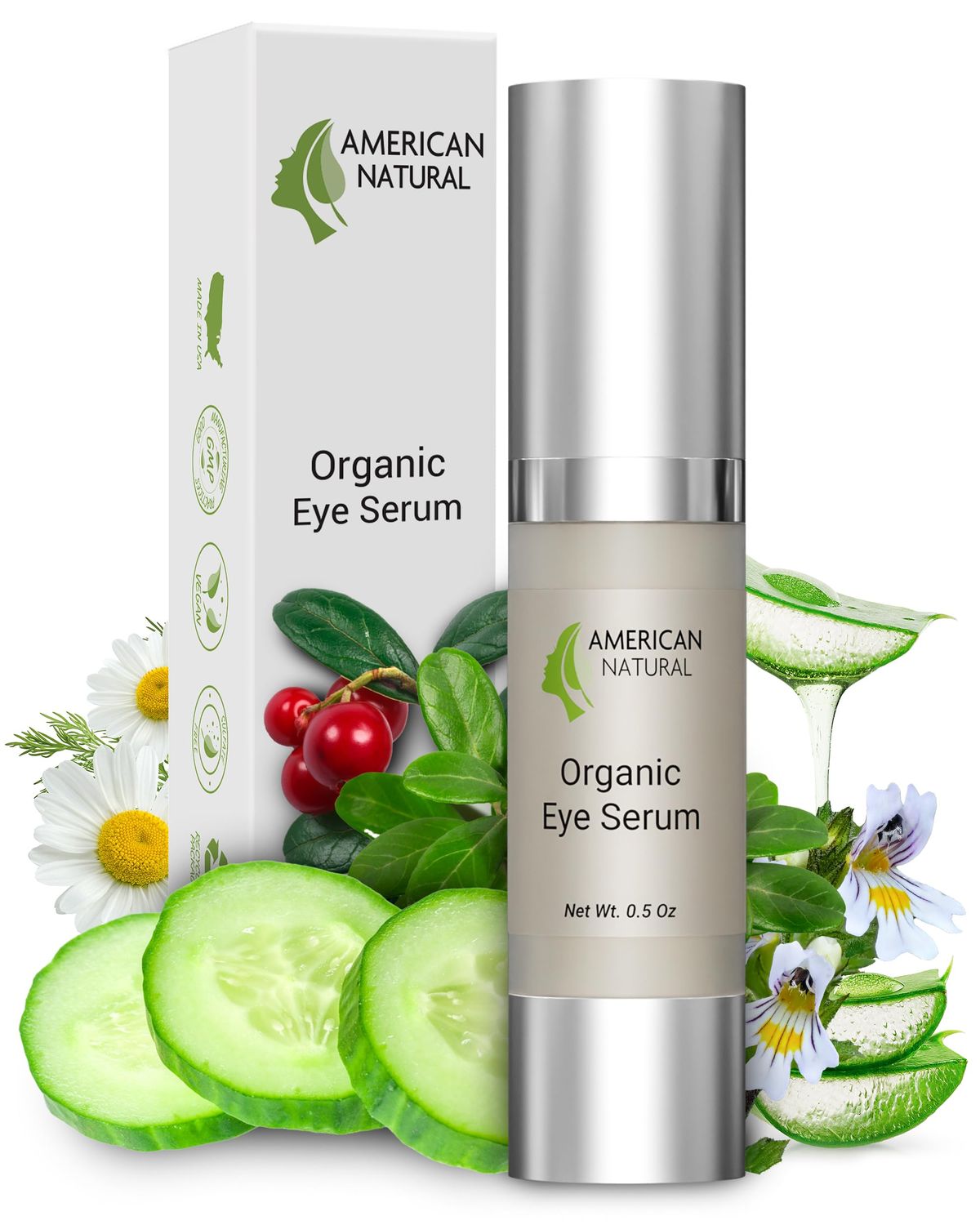 American Natural Blend Organic Eye Serum For Bags Under Eyes - Dark Eye Circle Remover with Eyebright Extract - Under Eye Serum For Dark Circles and Puffiness - Anti Aging Eye Cream For Women (0.5Oz)