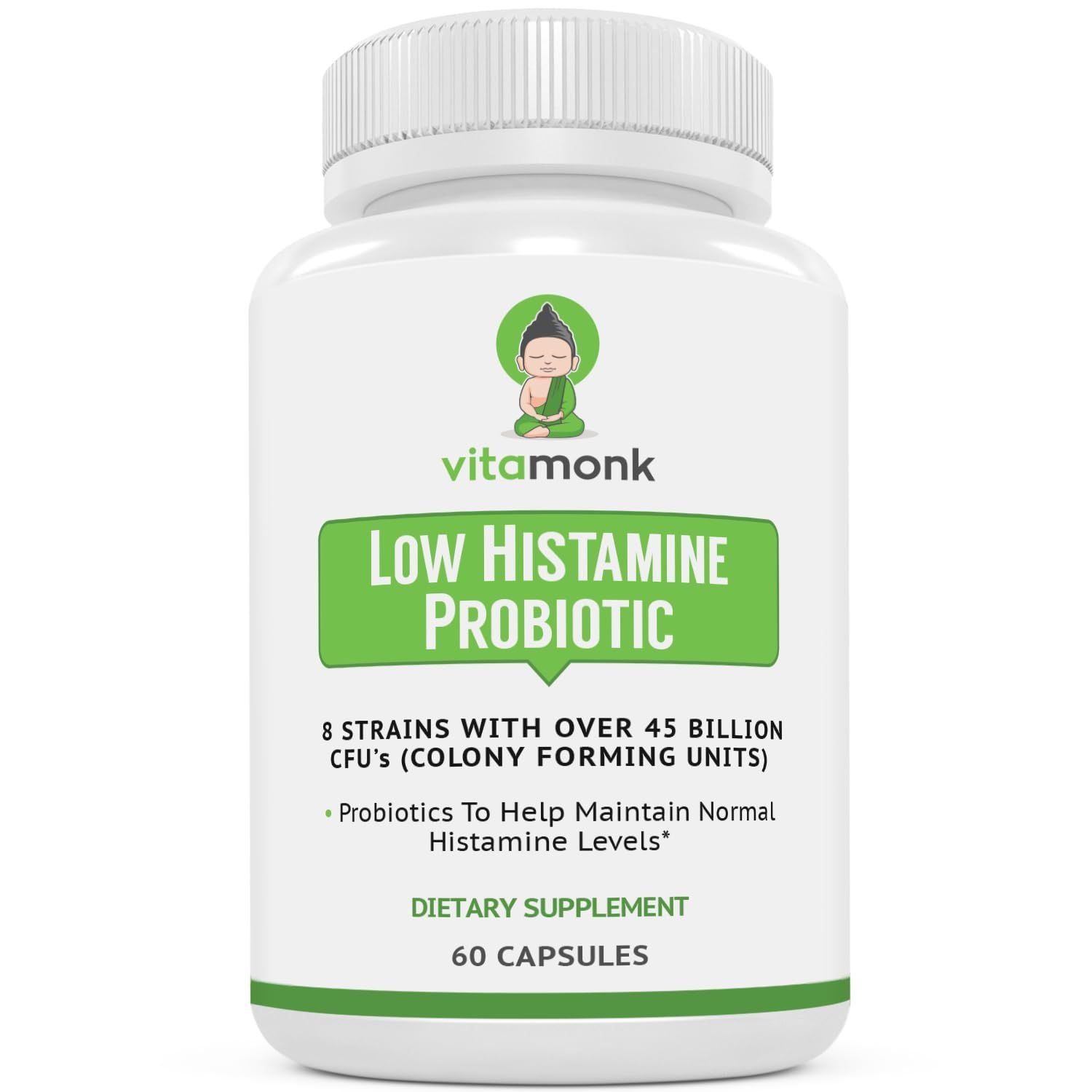 VitaMonk Low Histamine Probiotics Fight Histamine Intolerance and Support Balanced Gut Health - Histamine Free Probiotic for Those Seeking Health Improvements with Histamine Control -60 Capsules