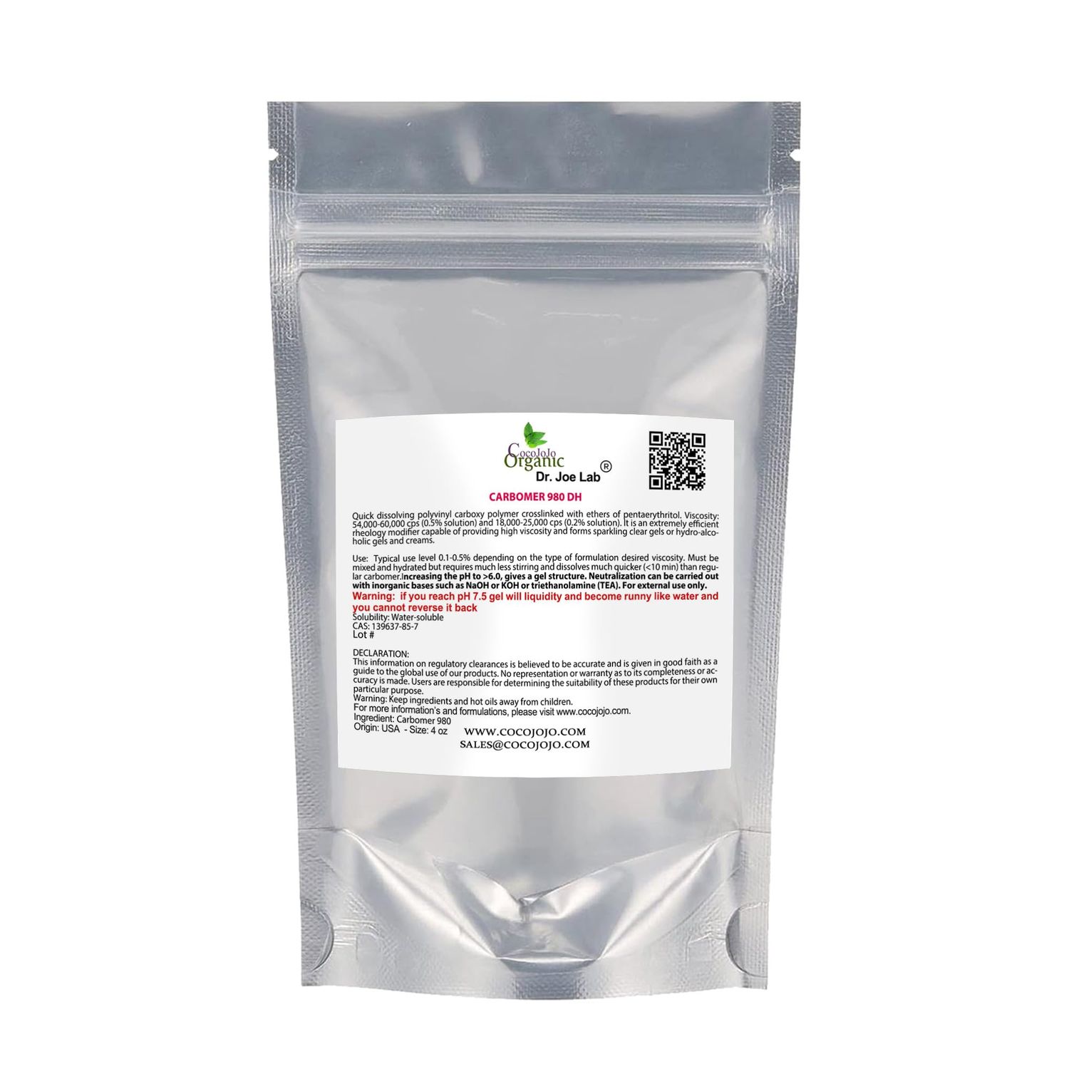 cocojojo Carbomer 980 Carbopol 4 oz - 120 gr Cosmetic Ingredient - All Purpose Thickening Agent Cosmetic Formulation Gel Cream Lotion DIY Cosmetics Carbopol Emulsify Packaging May Vary