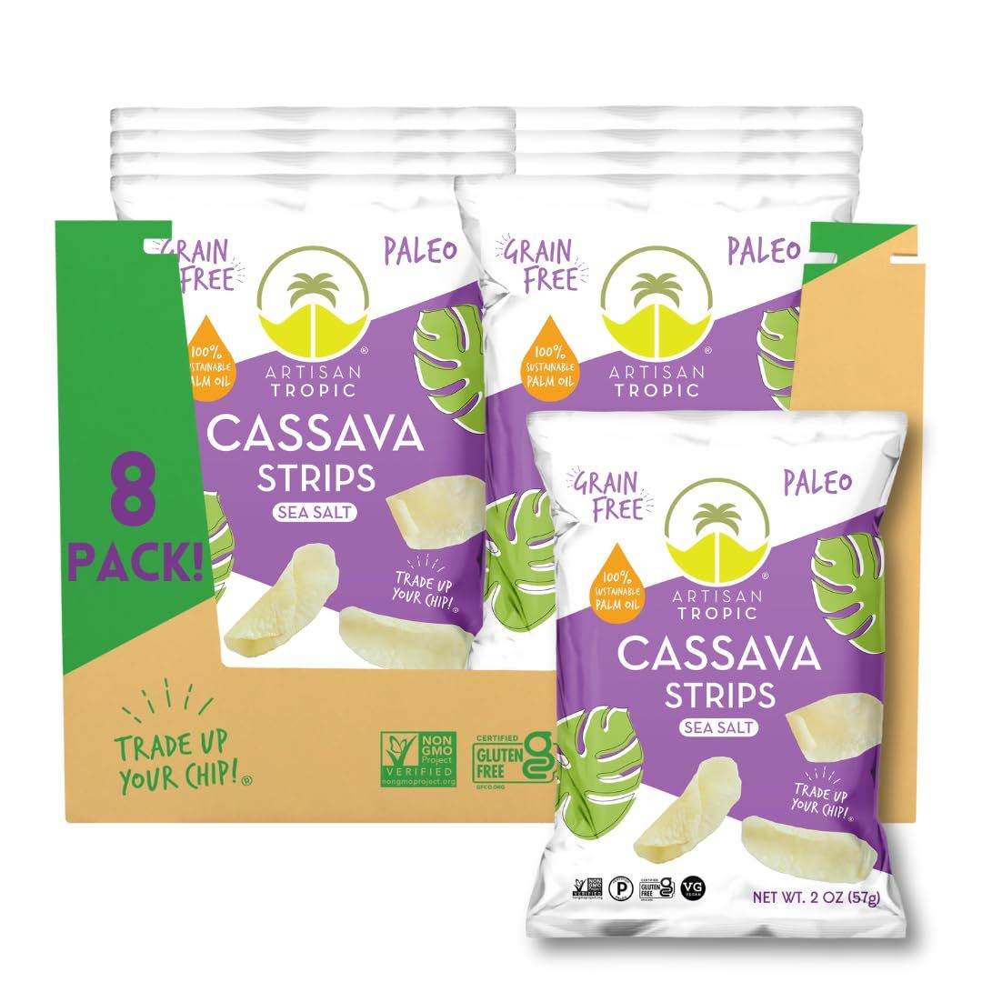 ARTISAN TROPIC Cassava Strips Sea Salt - 8 Pack, 2oz - Vegan, Paleo, Gluten Free Chips - Non-GMO Healthy Snack Potato Chip Alternative for Lunches, Dipping, Parties - Baked Cassava Flour Chips