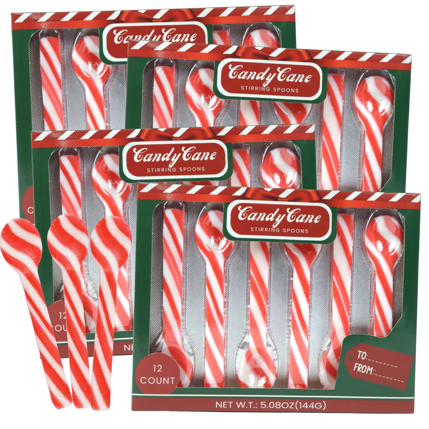 Sweetzo Bulk Christmas Candy Cane Stir Spoons, Hot Chocolate and Coffee Peppermint Stirrers - 48 Total Pieces (Pack of 4)