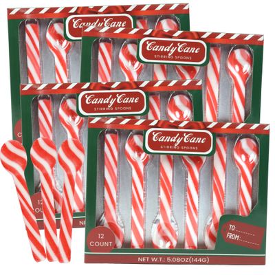 Sweetzo Bulk Christmas Candy Cane Stir Spoons, Hot Chocolate and Coffee Peppermint Stirrers - 48 Total Pieces (Pack of 4)