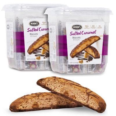 Nonni&#39;s Salted Caramel Biscotti Italian Cookies - 2 Tubs Biscotti Individually Wrapped Cookies wRich Milk Chocolate Sea Salt - Salted Caramel Coffee Cookies - Italian Biscotti Cookies - 21 oz