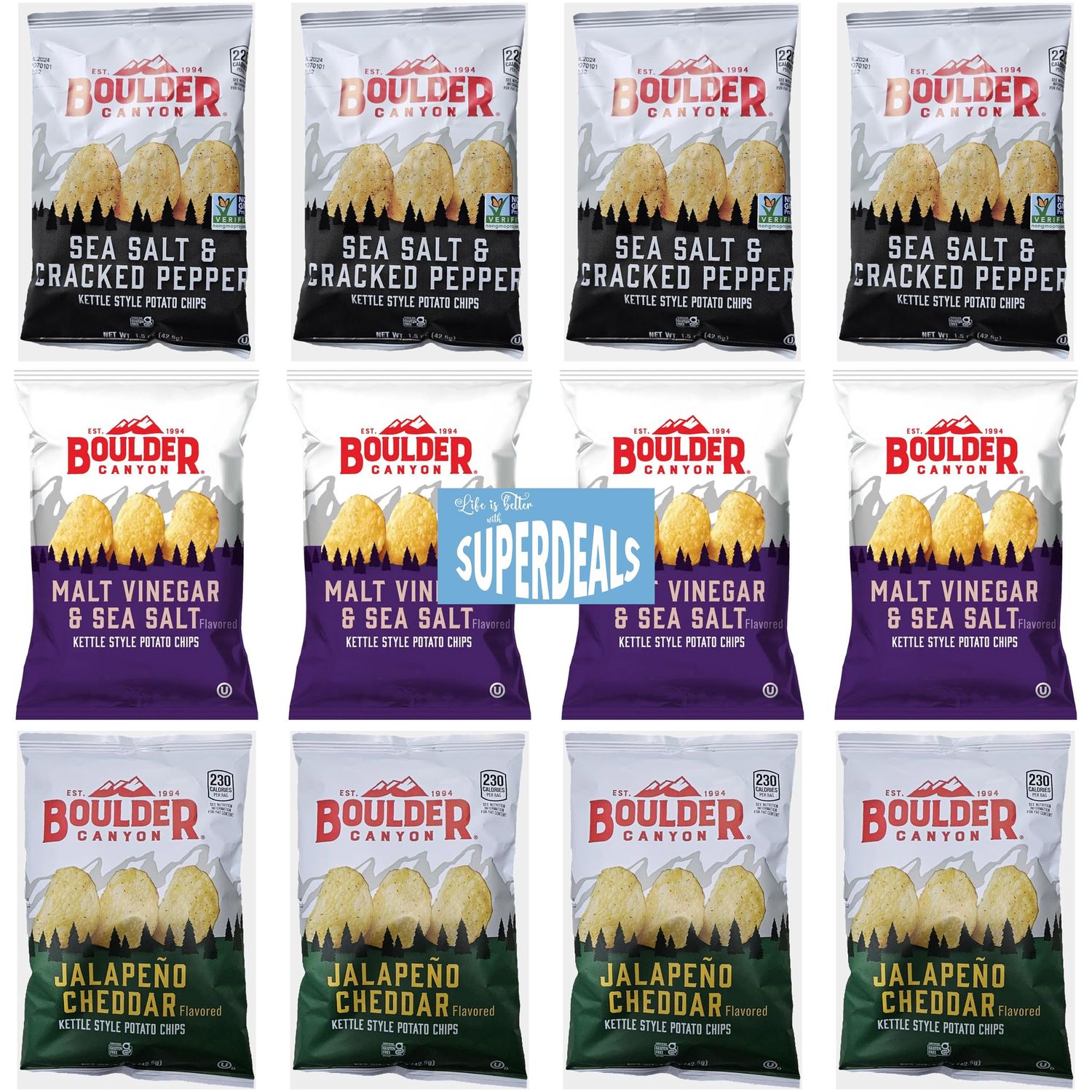 Boulder Canyon Variety 3 Flavors 12 Pack 4 Sea Salt Cracked Pepper, 4 Malt Vinegar Sea Salt, 4 Jalapeno Cheddar Kettle Style Potato Chips 1.5 Ounce Pack of 12 Bundled by SUPERDEALS with Mystery Gift