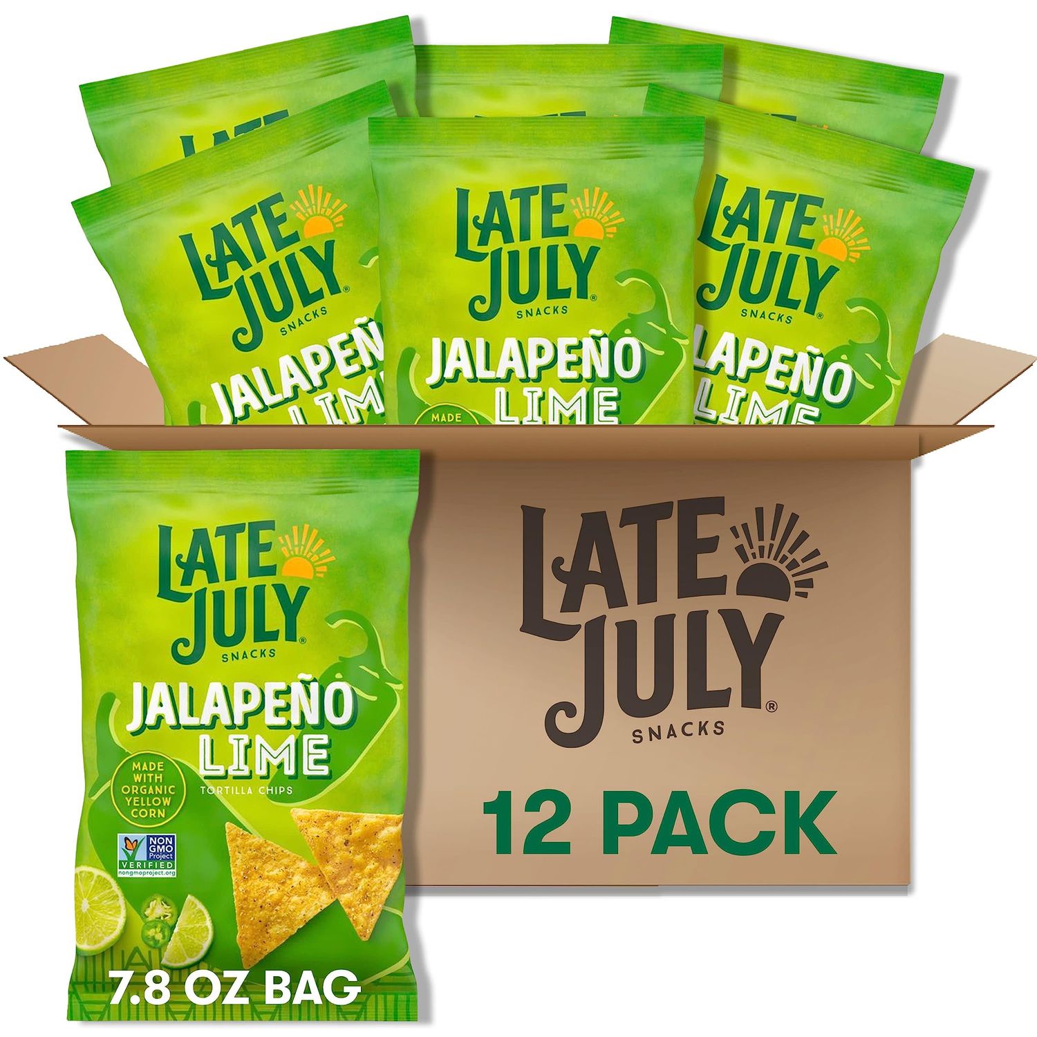 Late July Snacks, Jalape o Lime Tortilla Chips, 7.8-oz. Bag (Pack of 12)
