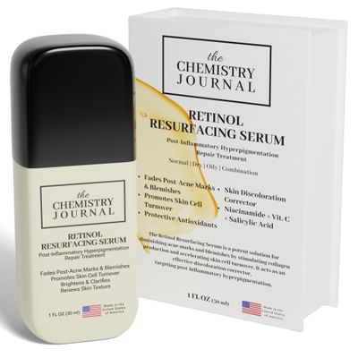 THE CHEMISTRY JOURNAL Retinol Resurfacing Serum - Fades Post-Acne Marks, Discoloration Corrector, Evens Skin Tone, and Unclogs Pores. Made in the United States of America.