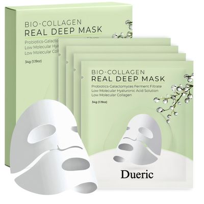 dueric Bio-Collagen Face Mask - Hydrating, Firming, Anti-Aging Treatment for Wrinkle Reduction, Pore Minimizing Youthful Skin - Like Korean Collagen Sheet Mask for All Skin Types 34g x4ea