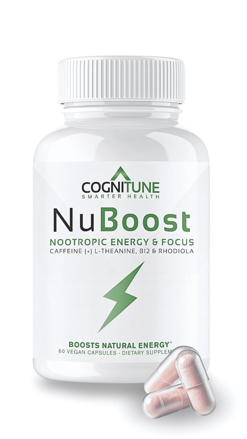CogniTune NuBoost Energy Focus Brain Supplement, Caffeine L-Theanine, Vitamin B12, Rhodiola BioPerine, No Crash, Jitter Free 100mg Caffeine Pills, Clean Nootropic Brain Booster, 60 Ct