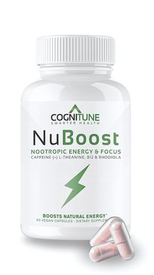 CogniTune NuBoost Energy Focus Brain Supplement, Caffeine L-Theanine, Vitamin B12, Rhodiola BioPerine, No Crash, Jitter Free 100mg Caffeine Pills, Clean Nootropic Brain Booster, 60 Ct