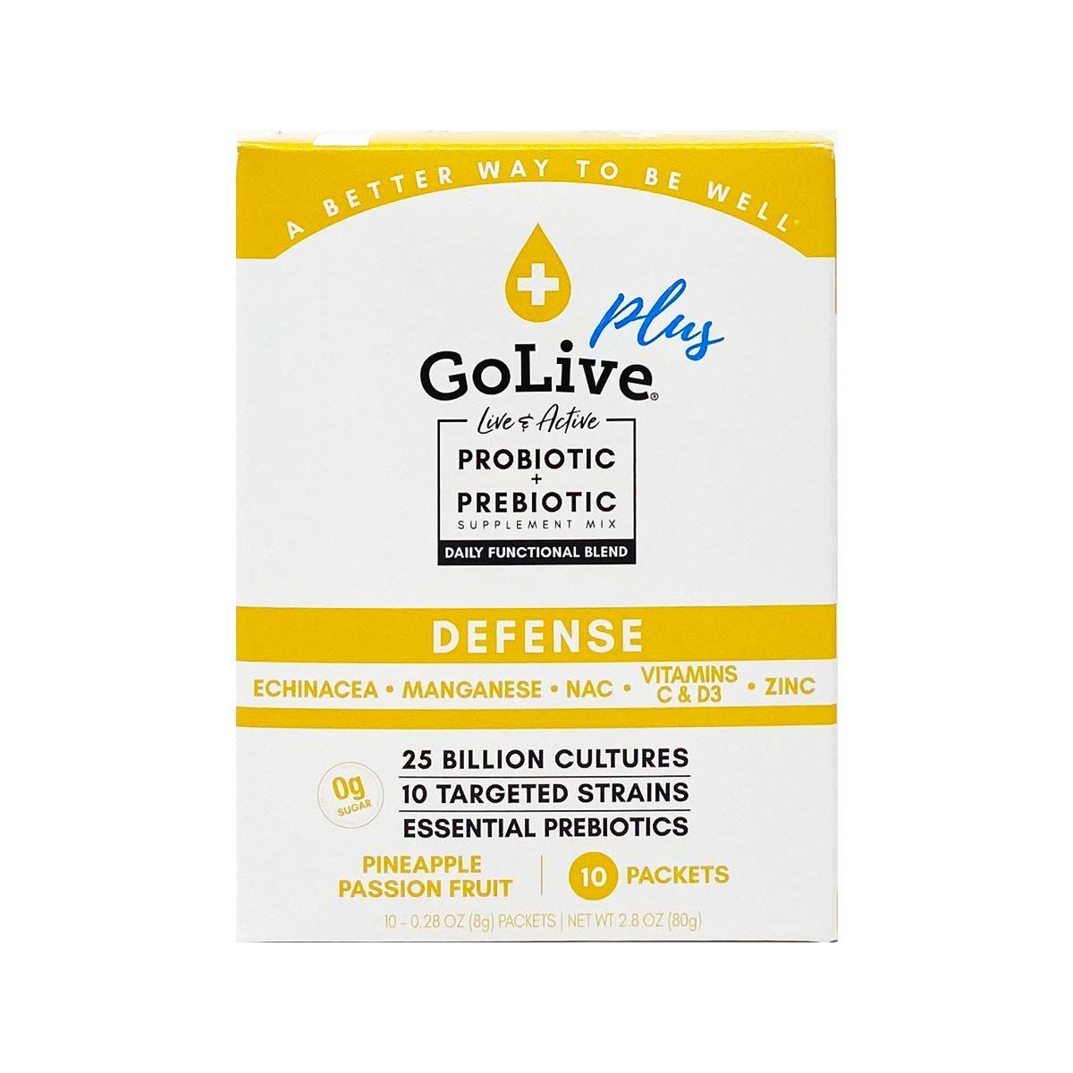 GoLive Immune Defense - Sugar-Free Synbiotic Powder with Prebiotics Probiotics - 25 Billion CFUs, 10 Clinical Strains - Supports Digestion, Metabolism Immunity - 10 Servings