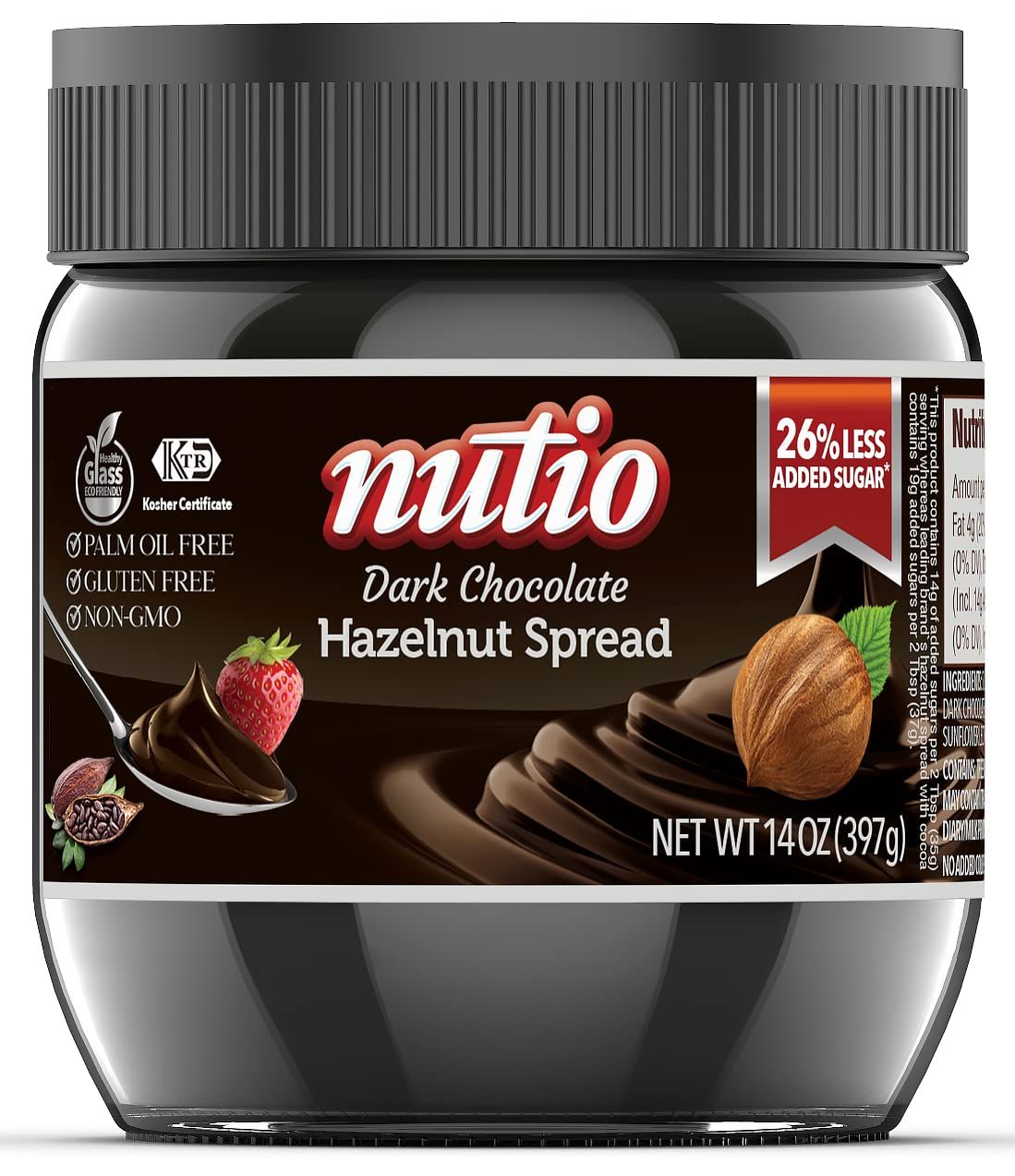 Nutio Dark Chocolate Hazelnut Spread, Less Added Sugar, Palm Oil and Gluten Free, Non GMO, Peanut Free, 14 oz (1 pack) Glass Jar