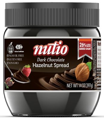 Nutio Dark Chocolate Hazelnut Spread, Less Added Sugar, Palm Oil and Gluten Free, Non GMO, Peanut Free, 14 oz (1 pack) Glass Jar