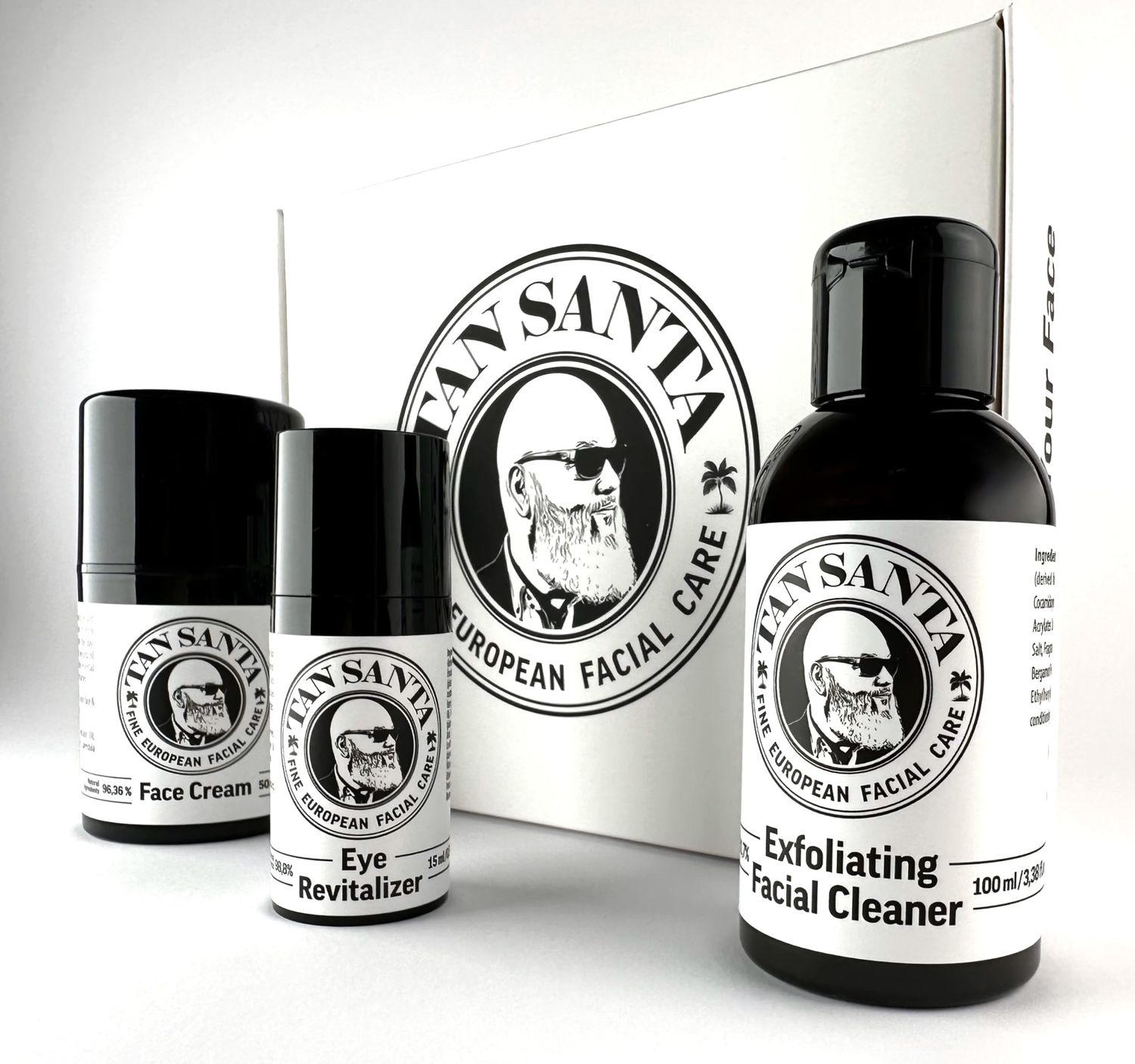 Tan Santa European Facial Care Set For Men - Face Cream, Eye Revitalizer, Exfoliating Facial Cleanser