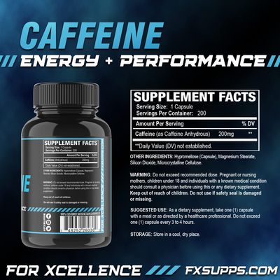 Fx Supps Caffeine 200 mg Pills (2-Pack, 200 Capsules) Fast Acting Energy Supplement for Men and Women Improves Physical Mental Focus, Stimulates Memory Quick Energy Boost Increases Metabolism