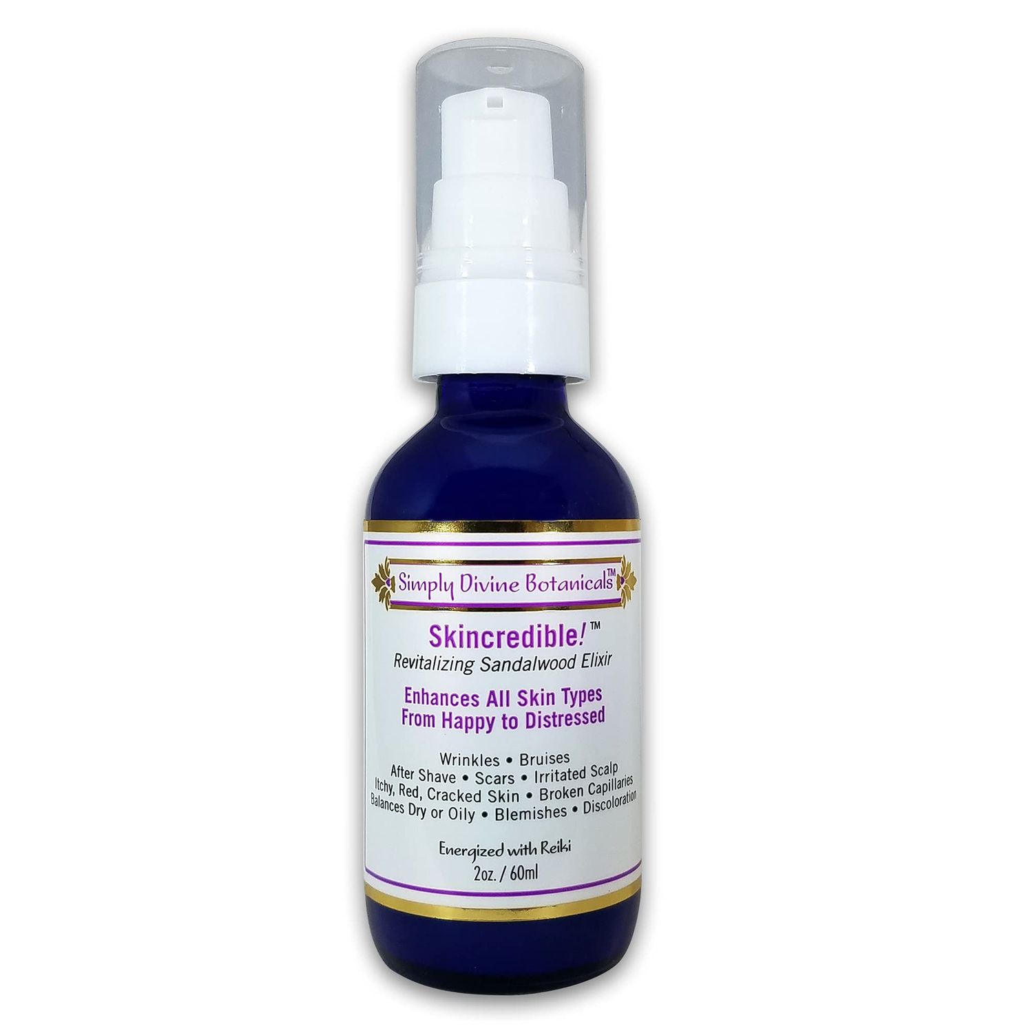 Simply Divine Botanicals Skincredible Sandalwood Revitalizing Anti-Aging Elixir for Fine Lines and Wrinkles, Discoloration, Rosacea, Blemishes, 2 oz