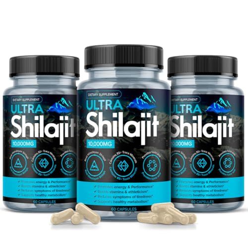 AURA VITAMINS Ultra Shilajit Supplement 10,000mg 60 Caps Premium Grade Extract for Energy Vitality: 100 Pure Natural Shilajit Mineral Extract Asphaltum Support Metabolism Immune System (3)