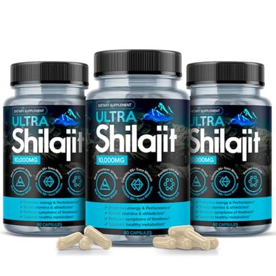 AURA VITAMINS Ultra Shilajit Supplement 10,000mg 60 Caps Premium Grade Extract for Energy Vitality: 100 Pure Natural Shilajit Mineral Extract Asphaltum Support Metabolism Immune System (3)