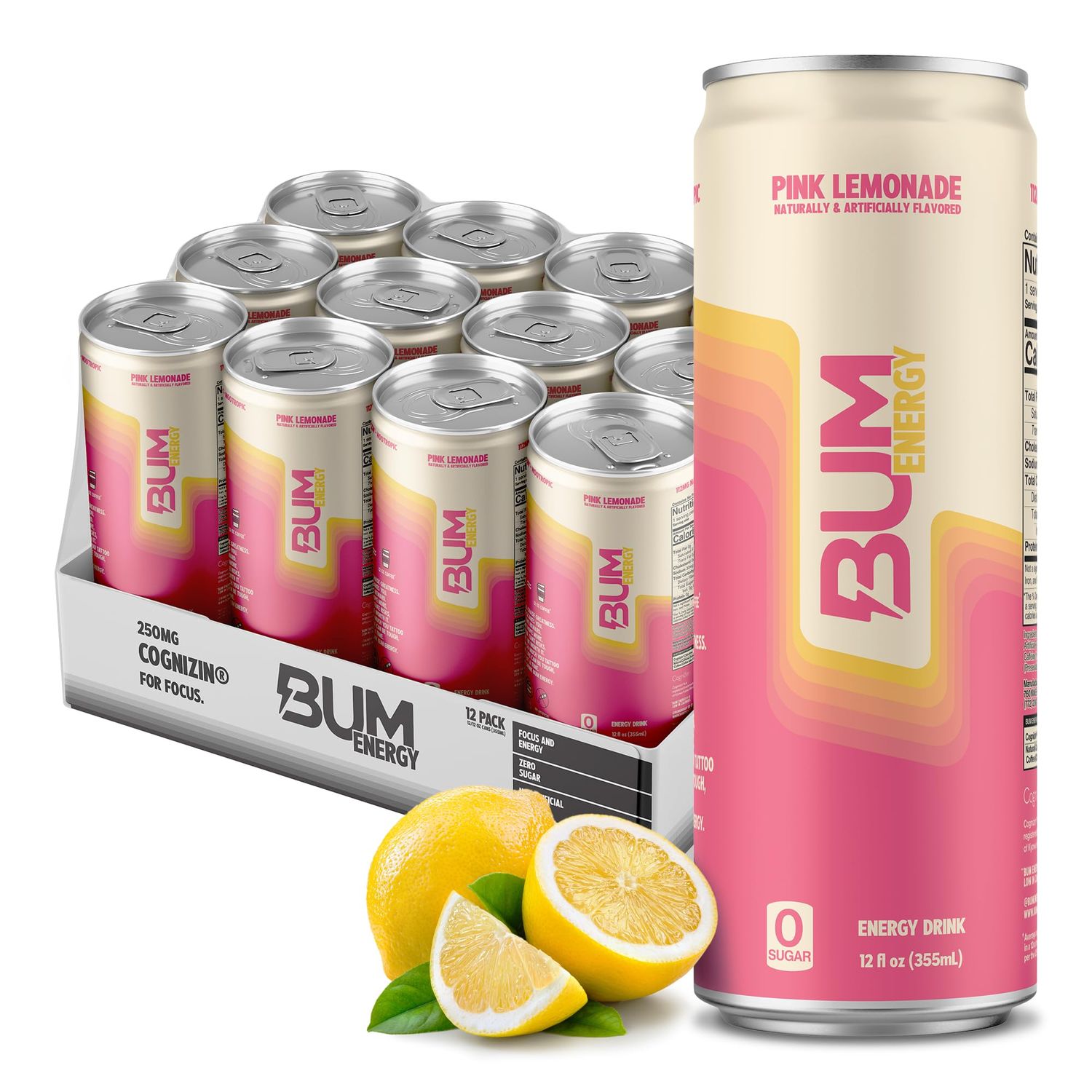 BUM Sugar-Free Energy Drink, Pink Lemonade - Lightly Carbonated No Artificial Colors, Natural Caffeine Citicoline for Energy Focus, Brain Boost Workout Sports Beverage - 12 oz, Pack of 12