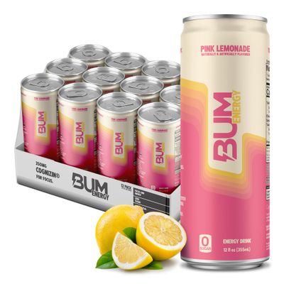 BUM Sugar-Free Energy Drink, Pink Lemonade - Lightly Carbonated No Artificial Colors, Natural Caffeine Citicoline for Energy Focus, Brain Boost Workout Sports Beverage - 12 oz, Pack of 12