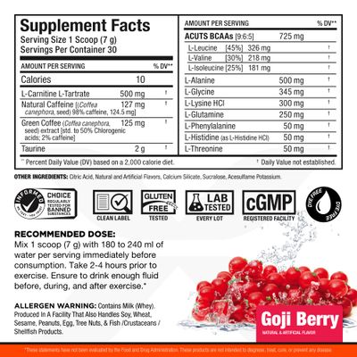 ALLMAX Nutrition AMINOCUTS (ACUTS), Amino-Charged Energy Drink with Taurine, L-Carnitine, Green Coffee Bean Extract, Goji Berry Martini, 30 Servings