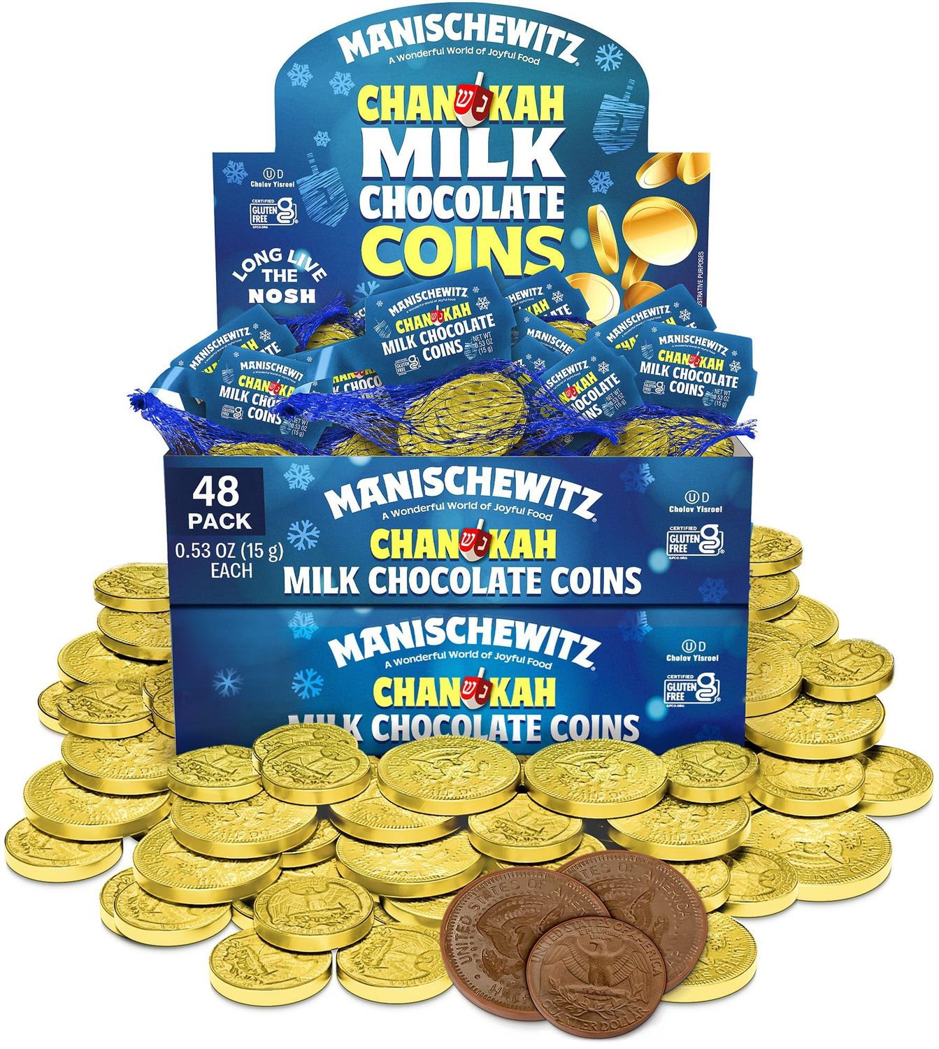 Hanukkah Gelt, Manischewitz Milk Chocolate Gold Coins (48 Bags) St. Patrick s Day Chocolate Coins Mesh Bags Filled with Individually Wrapped Hanukkah Gelt Coins, Gluten Free