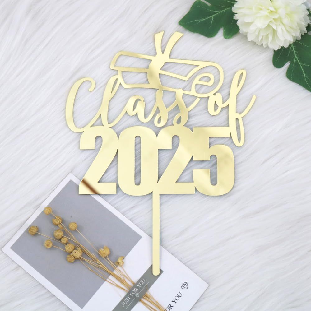 Sodasos Mirror Acrylic Class of 2025 Cake Topper, Congrats Grad Cake Toppers - Gold Glitter Graduation Party Decorations