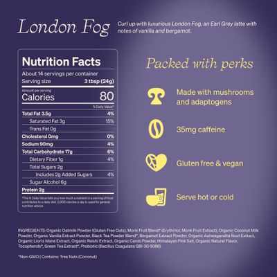 Clevr Blends London Fog Latte, Vegan, Earl Grey Instant Tea Mix, Superfood Powder Blend with Oat Milk, Black Tea, Reishi Mushroom, Organic Spices, Coconut Cream, Ashwagandha, Serve Hot or Iced, 12 oz