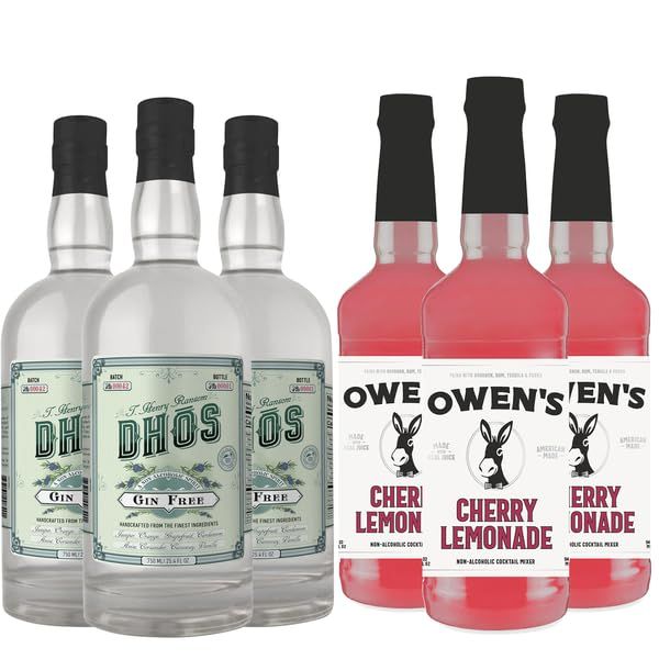 Dh s Handcrafted Non-Alcoholic Gin 3 Pack w 3 Pack Owen s Mixers Cherry Lemonade 32 OZ - Keto-Friendly, Zero Sugar, Zero Calories, Zero Proof - 750 ML - Perfect for Mocktails - Made in USA