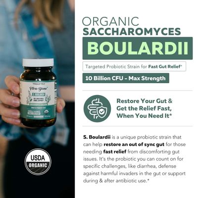 Organic Saccharomyces Boulardii - 10 Billion CFU - Clinically Validated CNCM I-1079 Probiotic Strain - Gut, Digestion Healthy Bowel Support - First Organic Form of S. Boulardii Probiotic - 60 Count