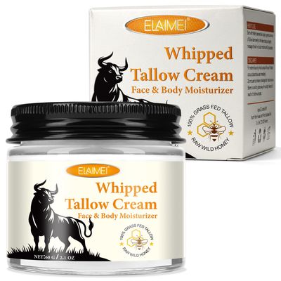 Beef Tallow for Skin, Beef Tallow and Honey Balm for Face Body, Tallow Face Moisturizer, Organic Grass Fed Whipped Beef Tallow with Honey Beeswax, Beef Tallow Moisturizer Cream -2.0 Oz