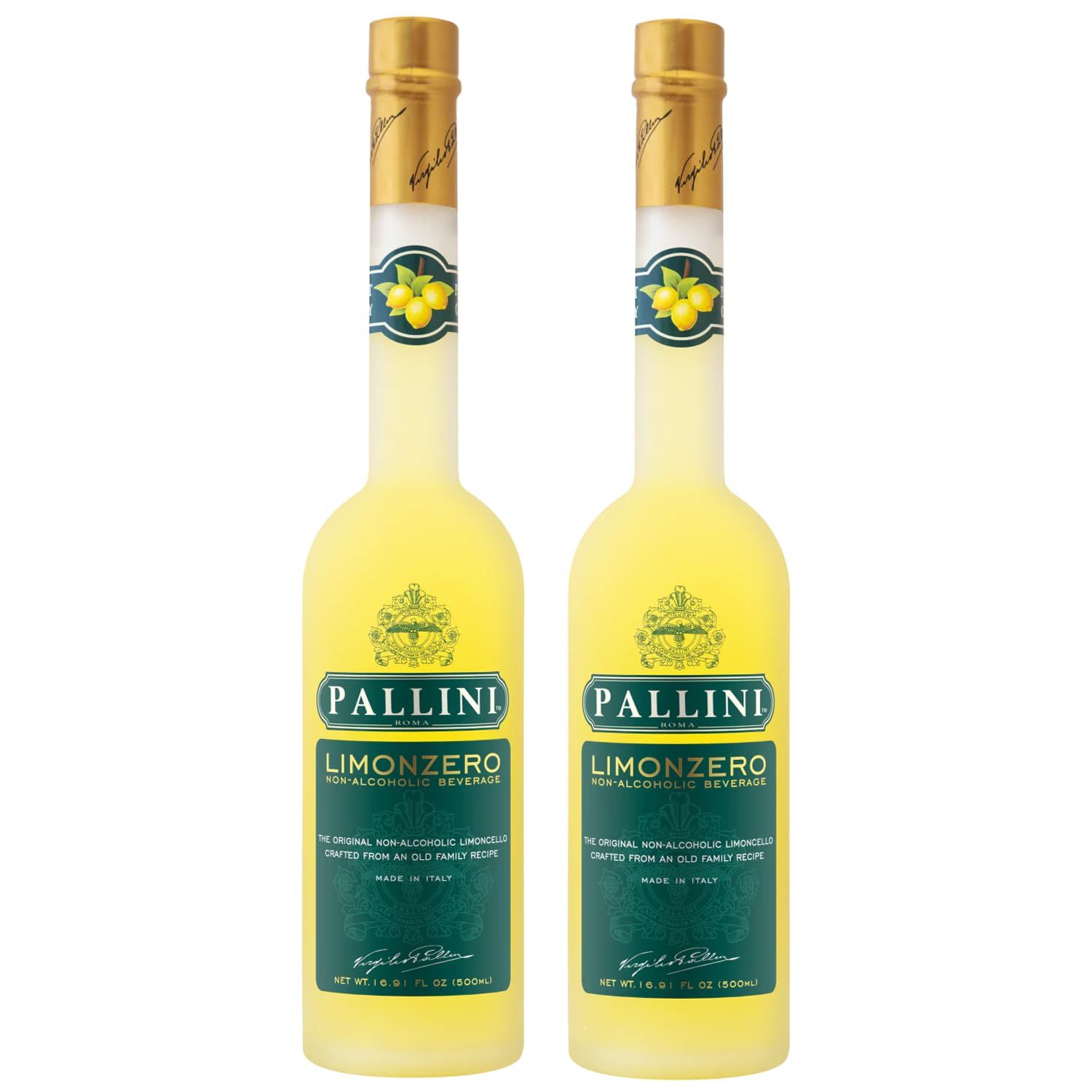Pallini Limonzero Non-Alcoholic Limoncello Gluten Free Vegan 500ml Zero Alcohol from Italy 2 PACK
