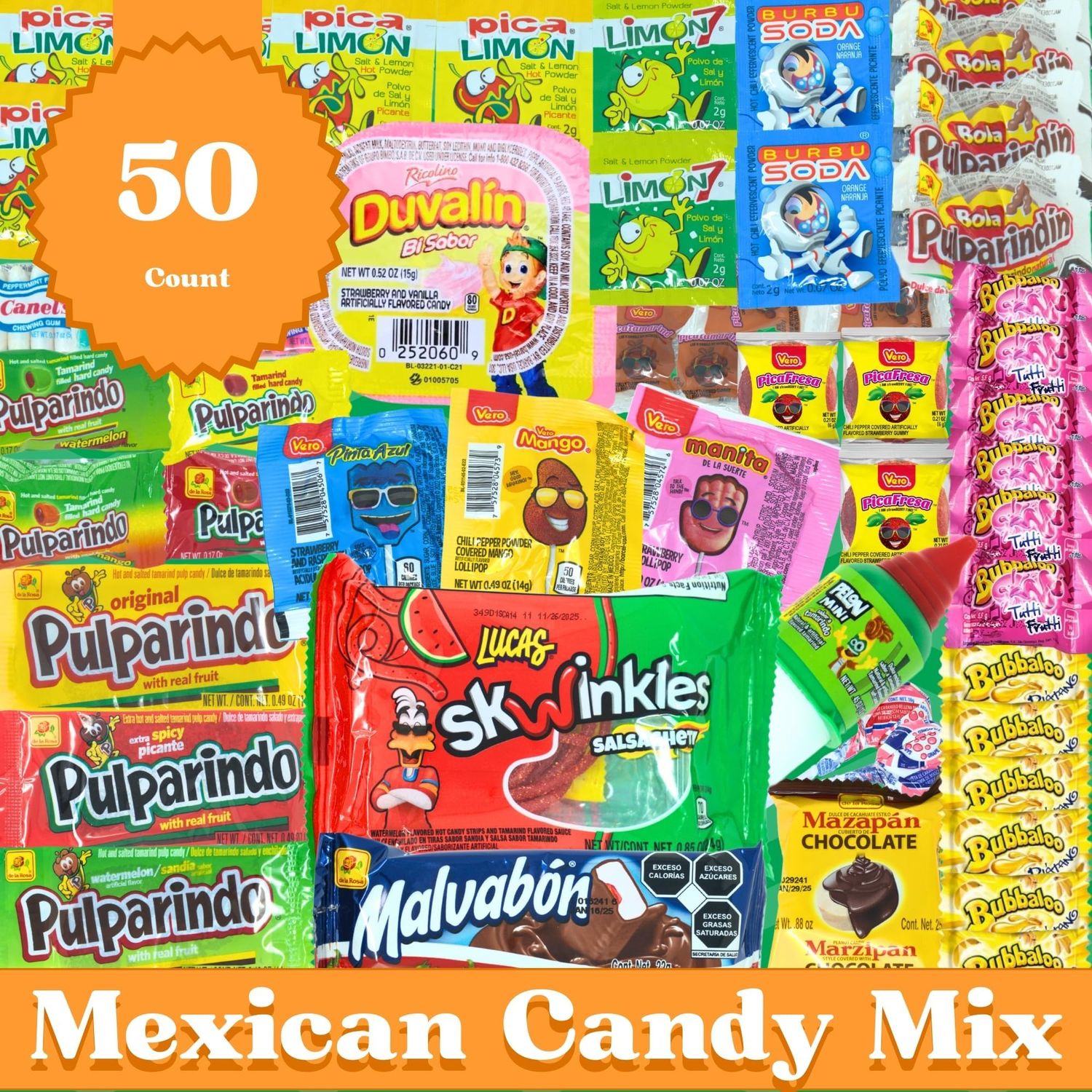 Mexican Candy Variety Pack 50 pieces, Authentic Dulces Mexicanos, Mexican Snacks, Includes Vero, Lucas, Pulparindo. Spicy, Sweet and Sour Assortment Mix Candy, Fiesta, Birthdays