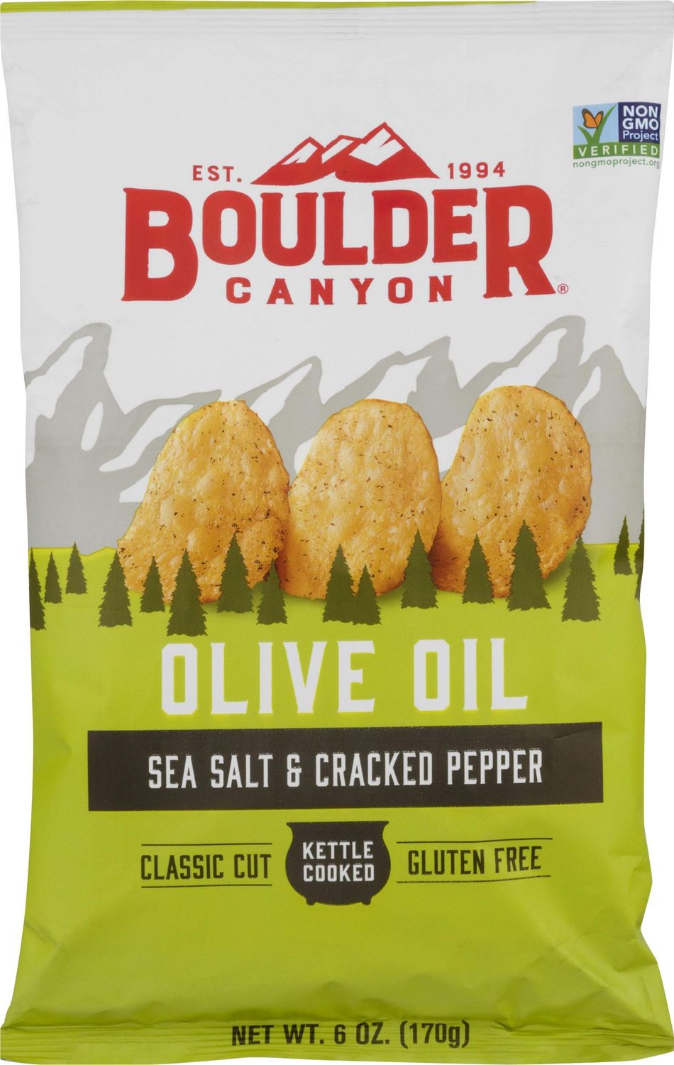 Boulder Canyon Kettle Cooked Potato Chips, Cooked in 100 Olive Oil, NON-GMO Verified, Gluten Free, Sea Salt Cracked Pepper, 6 Ounce