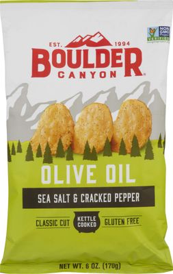 Boulder Canyon Kettle Cooked Potato Chips, Cooked in 100 Olive Oil, NON-GMO Verified, Gluten Free, Sea Salt Cracked Pepper, 6 Ounce