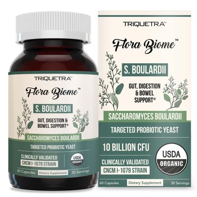 Organic Saccharomyces Boulardii - 10 Billion CFU - Clinically Validated CNCM I-1079 Probiotic Strain - Gut, Digestion Healthy Bowel Support - First Organic Form of S. Boulardii Probiotic - 60 Count