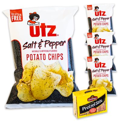 Utz Salt and Pepper Potato Chips (4, 2.75oz bags) - Variety Pack - Bachman Pretzel Stix (6, 1oz trays) - Salty Pepper Delight - 5 Items Total