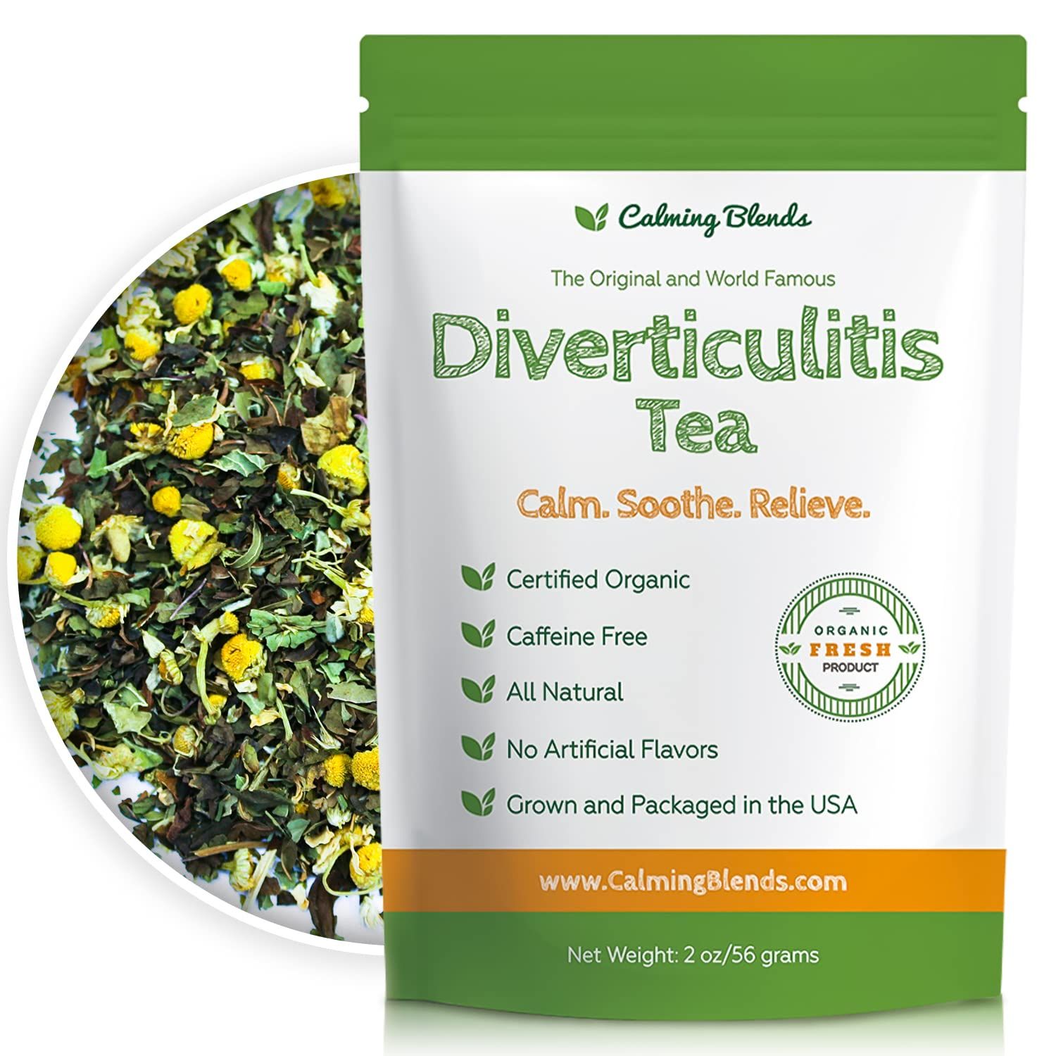 Calming Blends Diverticulitis Tea Organic Loose Leaf Tea, Caffeine Free 36 Cups Made In USA