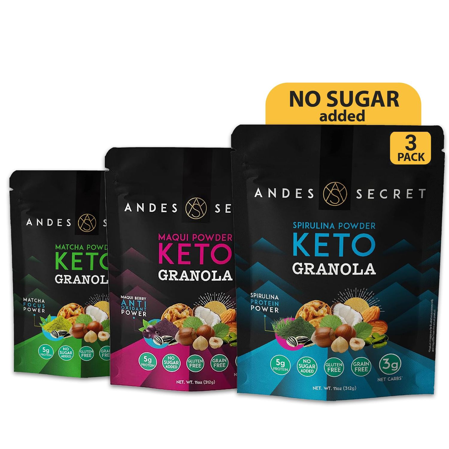 Andes Secret Variety Pack Granola - Matcha, Maqui Spirulina Powder - Keto High Protein Granola with No Sugar, Grain Gluten Free - 11 oz (3 Pack)
