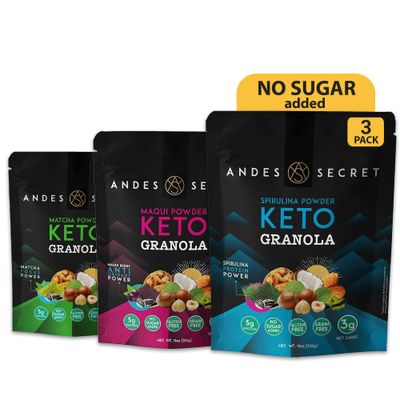 Andes Secret Variety Pack Granola - Matcha, Maqui Spirulina Powder - Keto High Protein Granola with No Sugar, Grain Gluten Free - 11 oz (3 Pack)