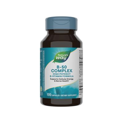 Nature&#39;s Way B-50 Complex, Supports Cellular Energy Nerve Health, 8 B-Vitamins, With Folic Acid, Biotin, Niacin More, Gluten Free, 100 Capsules (Packaging May Vary)