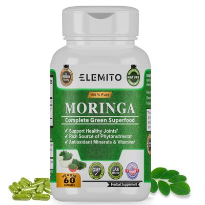 ELEMITO Moringa Capsules, Pure Leaf Powder, Green Superfood, Energy, Metabolism, Immune Support, Non-GMO, Vegan, Gluten-Free
