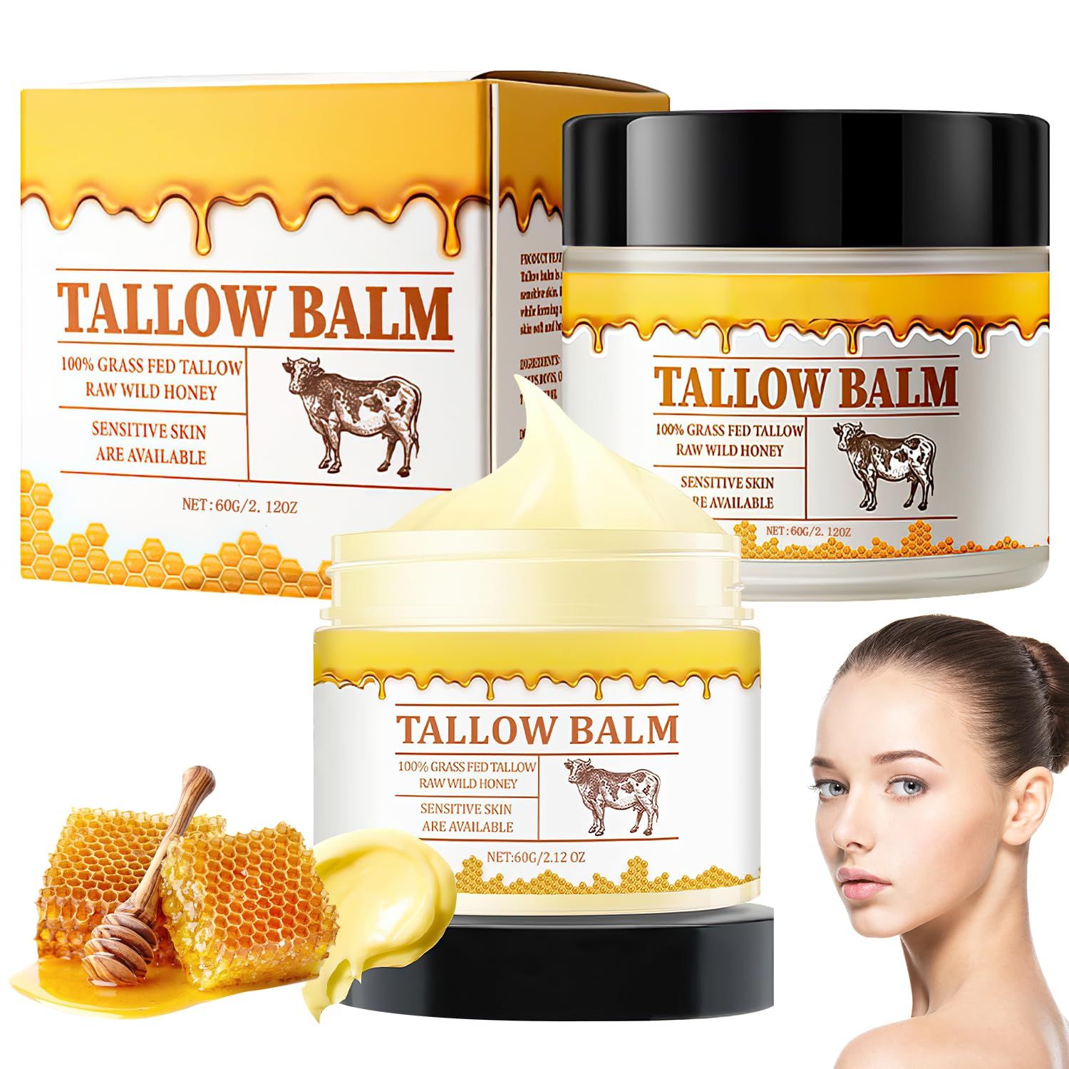 Vizela 2PCS Tallow and Honey Balm, Tallow Balm, Premium Beef Tallow and Wild Honey, Balm for Skin Hydration Tallow Face Moisturizer for All Skin Types 60g 2.12oz
