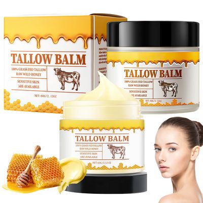 Vizela 2PCS Tallow and Honey Balm, Tallow Balm, Premium Beef Tallow and Wild Honey, Balm for Skin Hydration Tallow Face Moisturizer for All Skin Types 60g 2.12oz