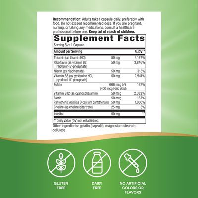 Nature's Way B-50 Complex, Supports Cellular Energy Nerve Health, 8 B-Vitamins, With Folic Acid, Biotin, Niacin More, Gluten Free, 100 Capsules (Packaging May Vary)