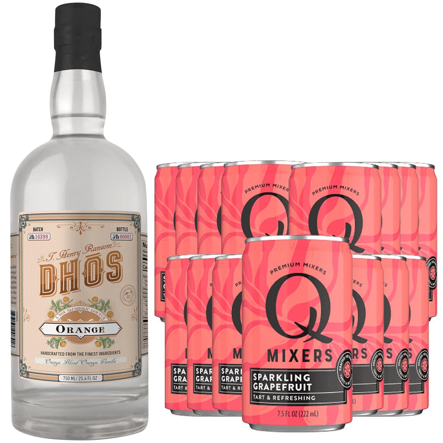 Dhos Handcrafted Non-Alcoholic Orange w 15 Pack Q Mixers Sparkling Grapefruit - Keto-Friendly, Zero Sugar, Zero Calories, Zero Proof - 750 ML - Perfect for Mocktails - Made in USA